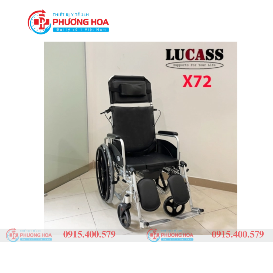 Xe lăn đa năng Lucass X72 có bô vệ sinh, ngả nằm, bánh đúc, khung nhôm